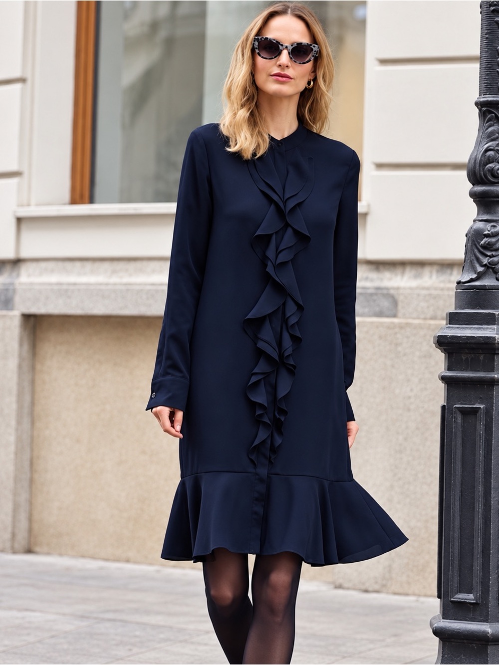 Tory Burch Jane Silk Crepe de Chine Ruffle Shirt Dress Navy Size 10